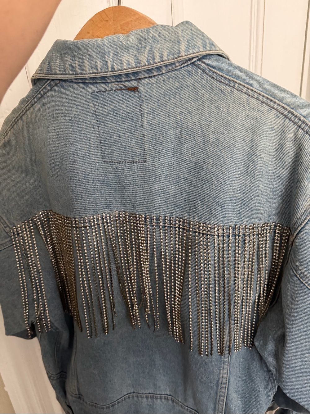 Light Wash Denim Jacket with Silver Rhinestone Fringe